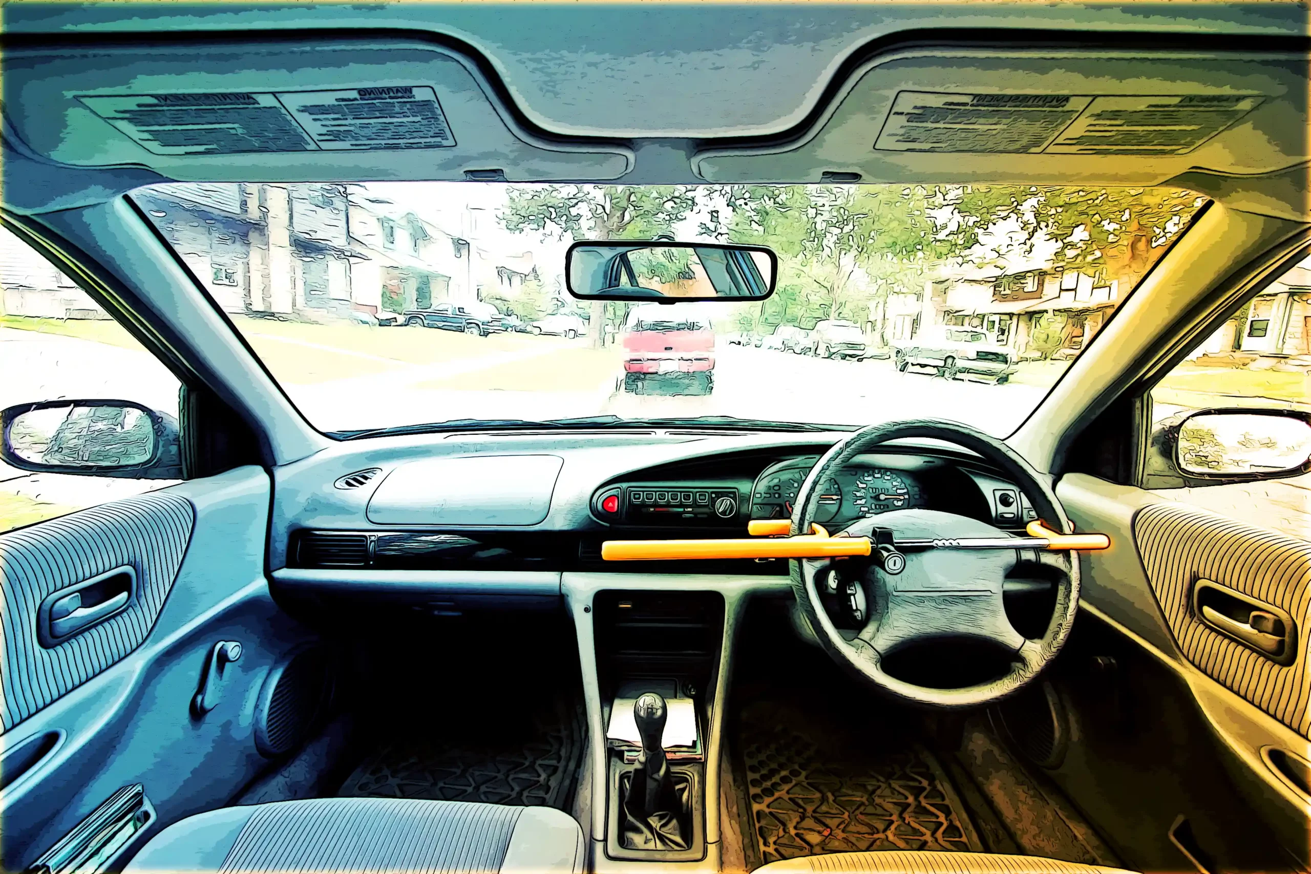 A detailed view of a car's dashboard and steering wheel, emphasising the immobiliser lock in yellow.
