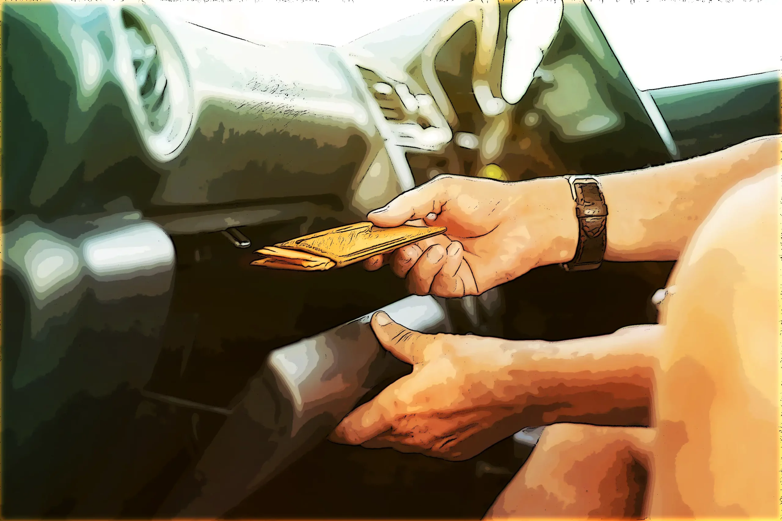 Inside a car, a person putting their wallet in the glovebox