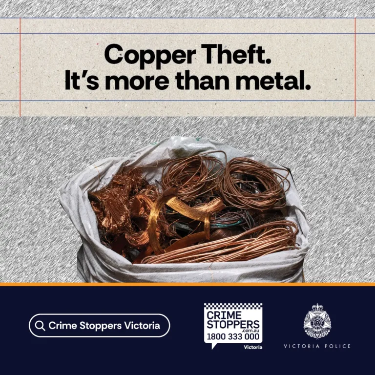 Crime Stoppers Victoria and Victoria Police campaign tile. Headline: “Copper Theft. It’s more than metal.” A white bag overflowing with tangled copper wire. Report information to Crime Stoppers on 1800 333 000.