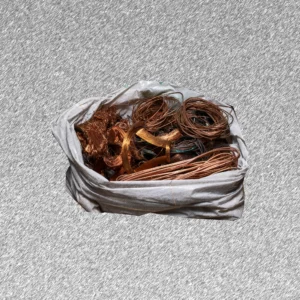 A white plastic bag overflowing with stolen copper wire, coils and scrap, set against a grey scribbled background.