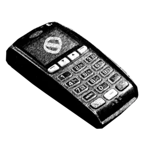 Black and white sketch-style illustration of an EFTPOS payment terminal with a “no” symbol on its screen, showing a failed transaction.