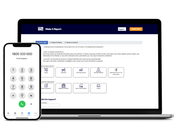 Laptop displaying Crime Report submission form alongside smartphone showing Crime Stoppers' phone number for anonymous reporting. Options for reporting include drugs, weapons, high-risk drivers, wanted persons, and suspicious activity, emphasizing convenience and confidentiality in crime reporting.